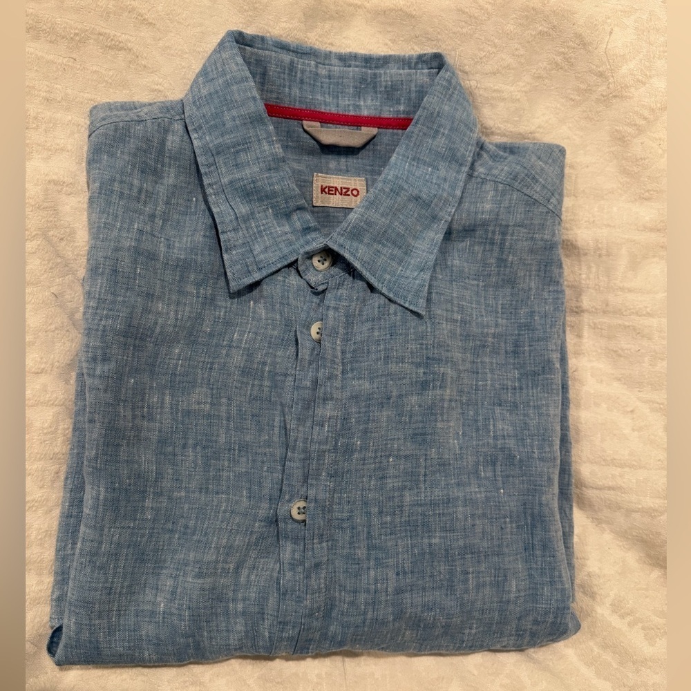 Kenzo Homme Blue 100% linen long sleeve button down shirt
